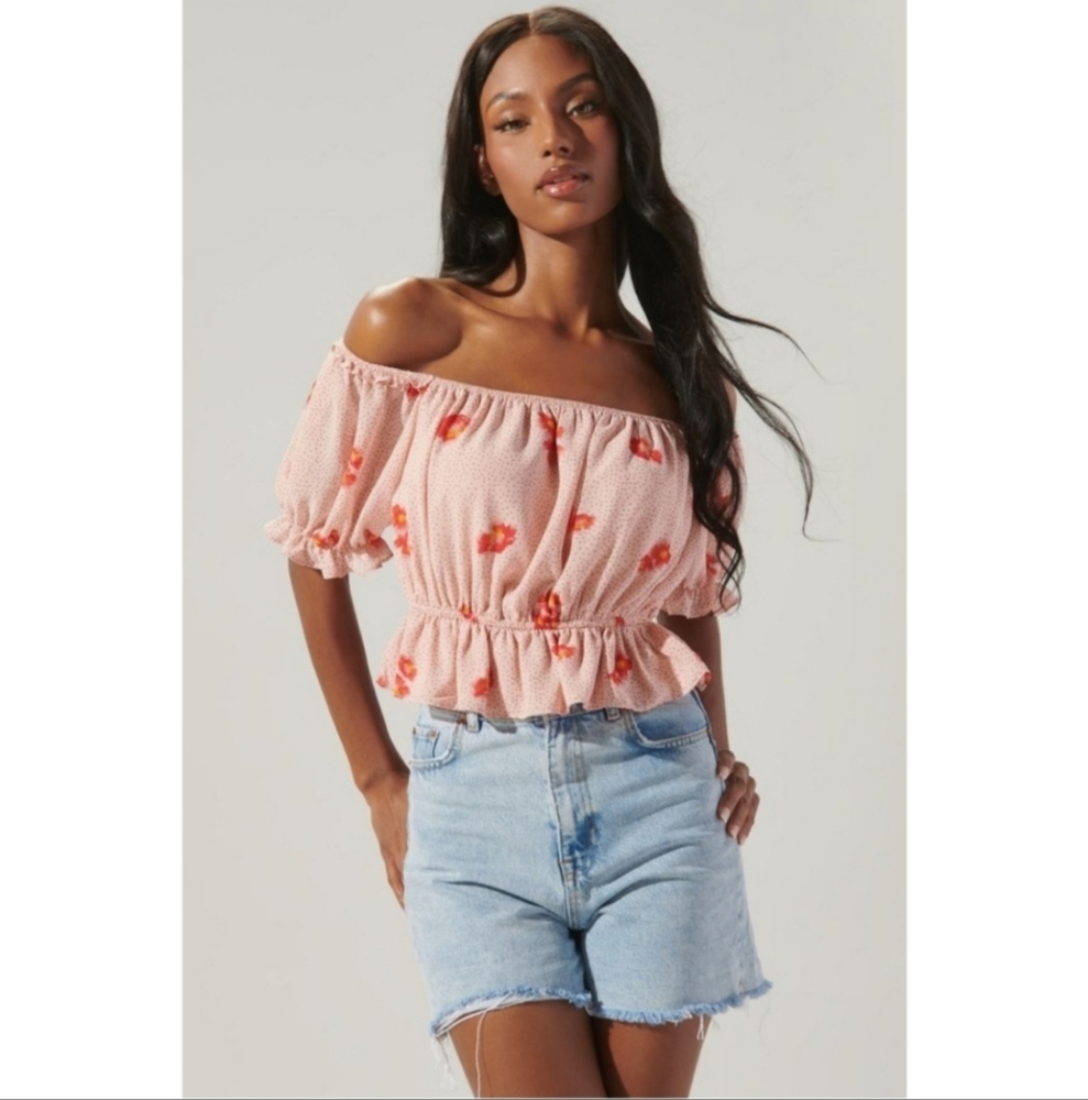 Pink Floral Off The Shoulder Crop Top Tropical Festival Y2K Milkmaid Medium NWT